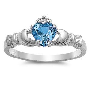 Claddagh Heart Sterling Silver Ring Blue Topaz